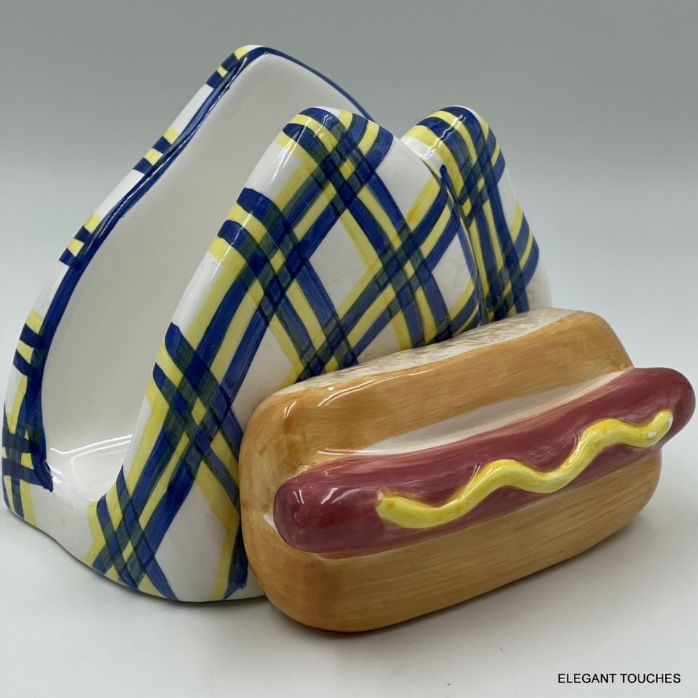 Hot Dog Napkin Holder Blue Yellow Plaid Ceramic Serving Pool Party Summer Dish